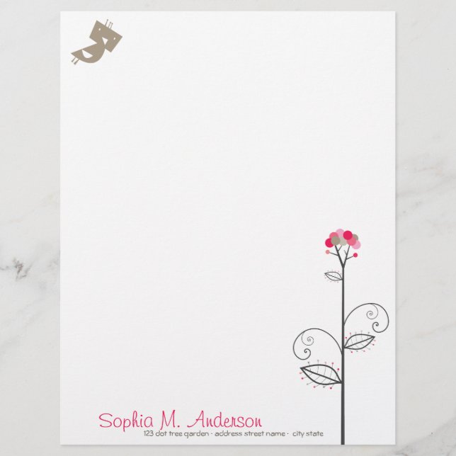 Tweet Bird And Whimsical Cute Bloom Tree Pink Dots Personalised Letterhead (Front)