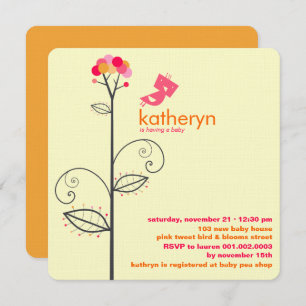 Tweet Bird Pink Bloom Dots Tree Chic Baby Shower Invitation