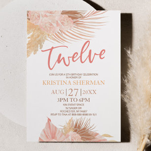 Twelve Boho Pink Floral 12th Birthday Party Invitation