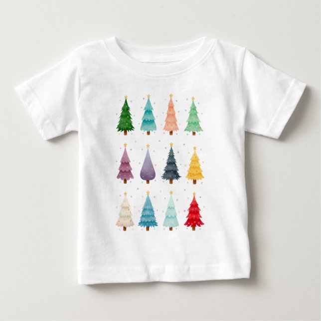 Twelve Christmas Trees: Colorful Holiday Print Baby T-Shirt (Front)