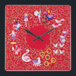 Twelve days of Christmas, style2 Square Wall Clock<br><div class="desc">Twelve days of Christmas clock Design based on the traditional Christmas carol.</div>