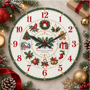 Twelve Days of Christmas Vintage Red Green Holiday Large Clock