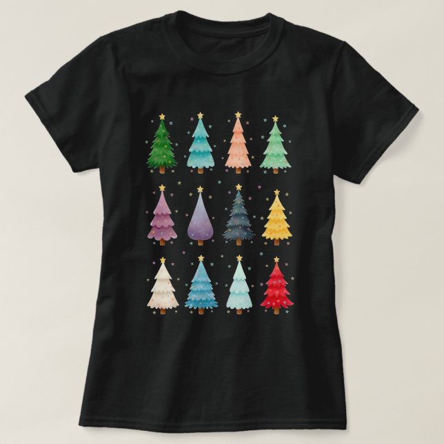 Twelve Festive Trees: Colorful Holiday Print T-Shirt (Design Front)