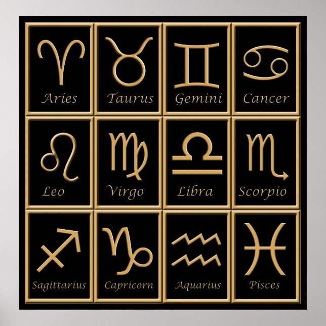 Twelve Gold Zodiac Signs Print (Front)