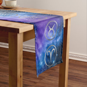 Twelve Grey Zodiac Symbols on blue galaxy Long Table Runner