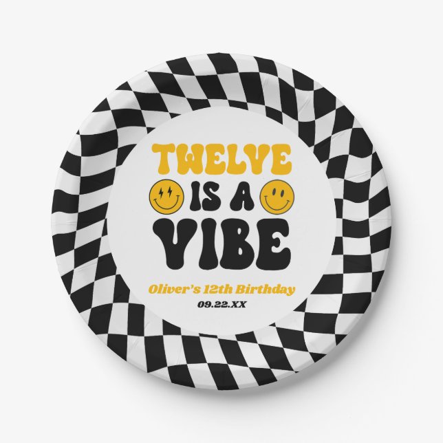 Twelve Is A Vibe Retro 12th Birthday Party Paper Plate (Front)