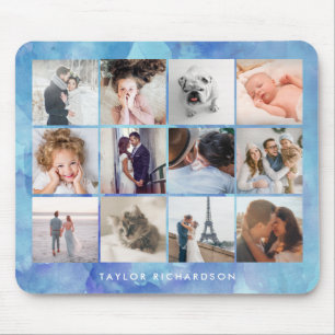 Twelve Photo Collage Watercolor Blue Mouse Pad