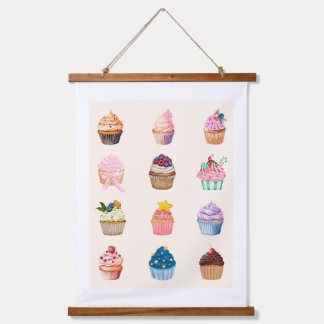 Twelve Watercolor Cupcakes Hanging Tapestry