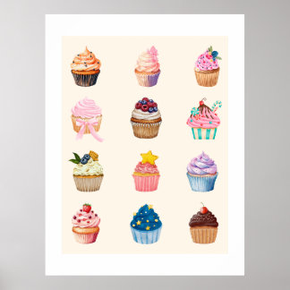 Twelve Watercolor Cupcakes Poster