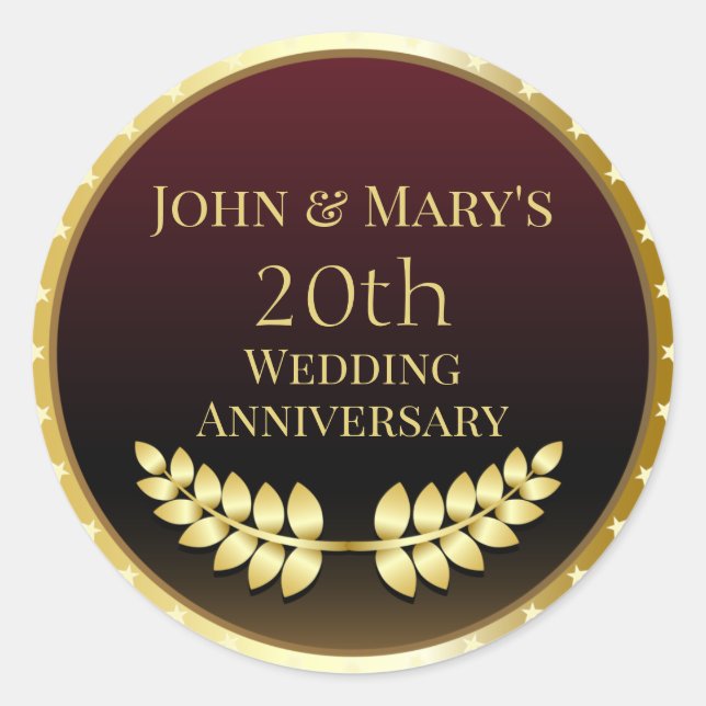 Twentieth Wedding Anniversary Gold Medal Classic Round Sticker (Front)