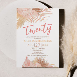 Twenty Boho Pink Floral Flower 20th Birthday Party Invitation