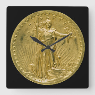 Twenty Dollar Gold Piece Liberty Sculpture 1907 Square Wall Clock