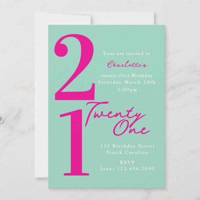 Twenty First 21st Birthday Pink Green Modern Invitation (Front)