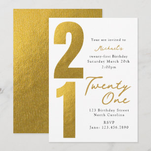 Twenty First 21st Birthday White Gold Modern Invitation