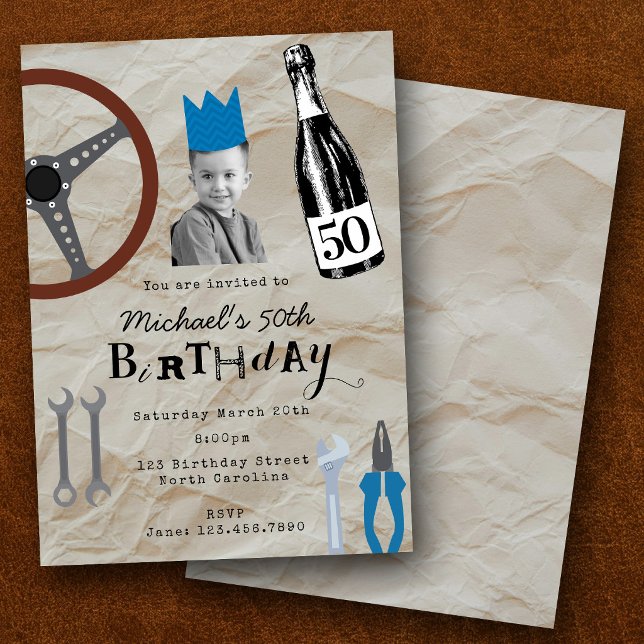 Twenty First 50th Birthday Custom Photo Car Tools Invitation (Twenty First 50th Birthday Custom Photo Car Tools Invitation)
