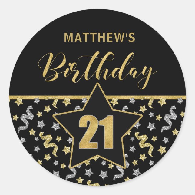 Twenty First Birthday Black and Gold Confetti Classic Round Sticker (Front)