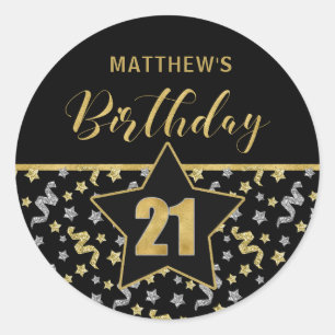 Twenty First Birthday Black and Gold Confetti Classic Round Sticker