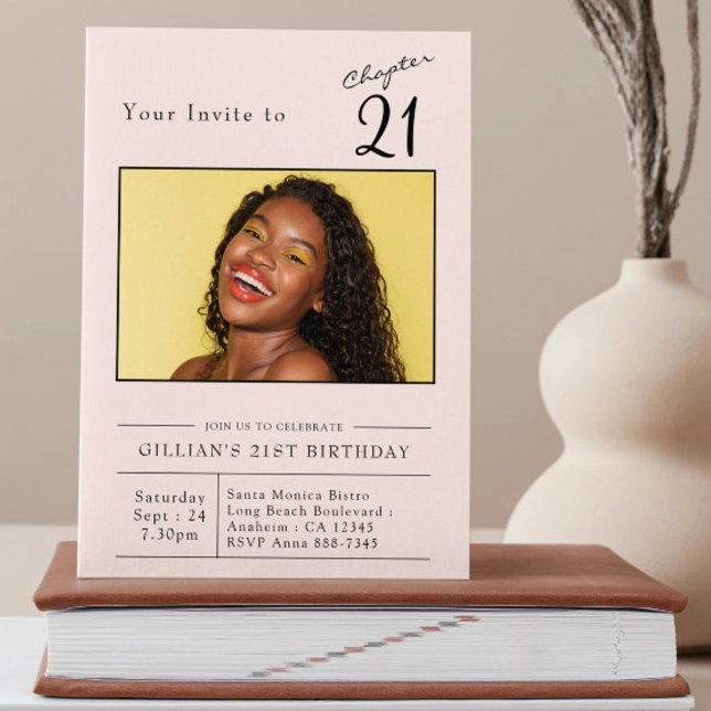 Twenty-first Blush Pink 21st Birthday Party Photo Invitation (21st birthday blush pink invitation on a book with vase in the background)