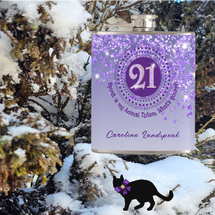 Twenty First & Purple Glitter & Drinking Quote Hip Flask