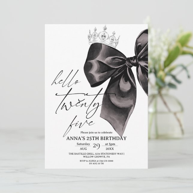 Twenty five Black Bow 25th Birthday Invitation (Standing Front)