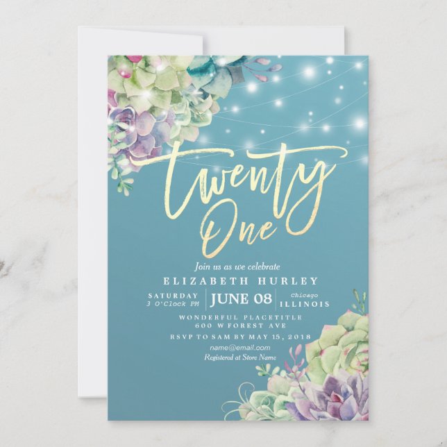 Twenty One 21 Birthday Party Watercolor Succulent Invitation (Front)