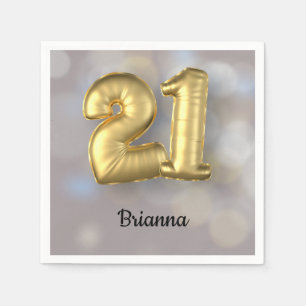 Twenty One 21 Gold Balloons with Name Napkin