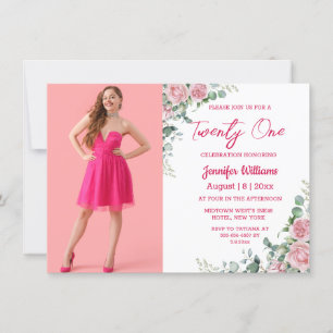 twenty one 21st birthday pink script floral photo invitation