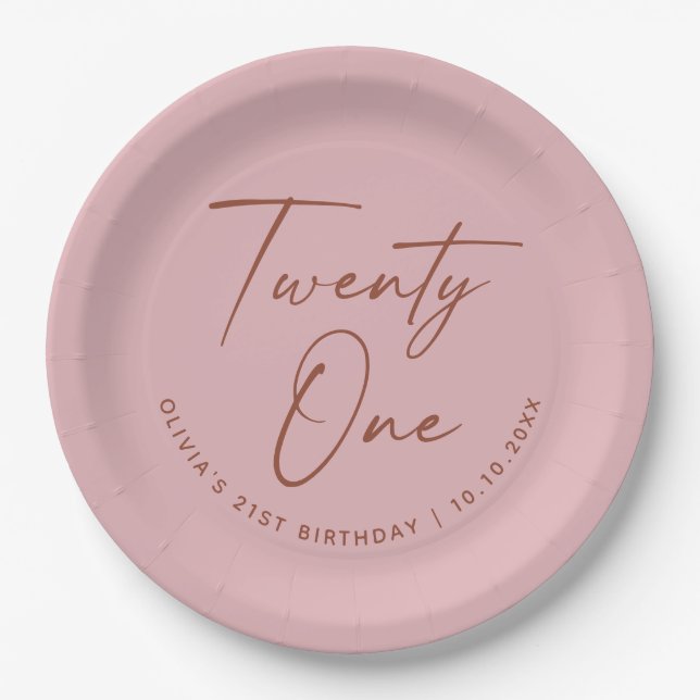 Twenty One Birthday | Dusty Rose Pink 21st Party Paper Plate (Front)