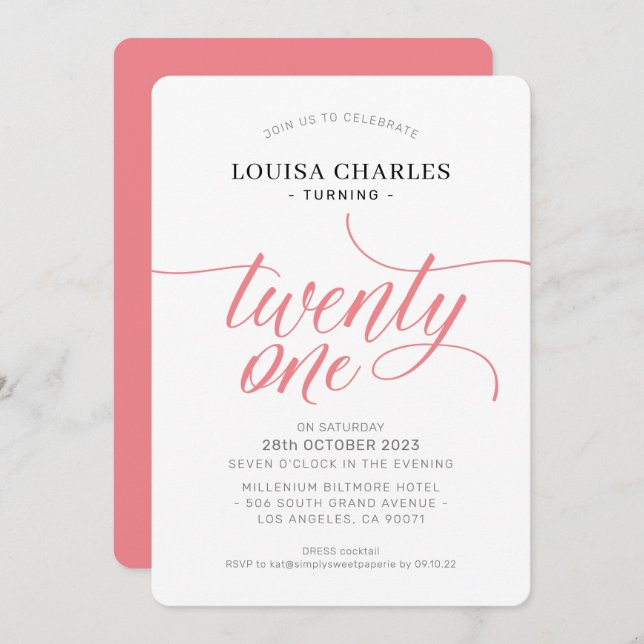 TWENTY-ONE birthday elegant chic script coral Invi Invitation (Front/Back)