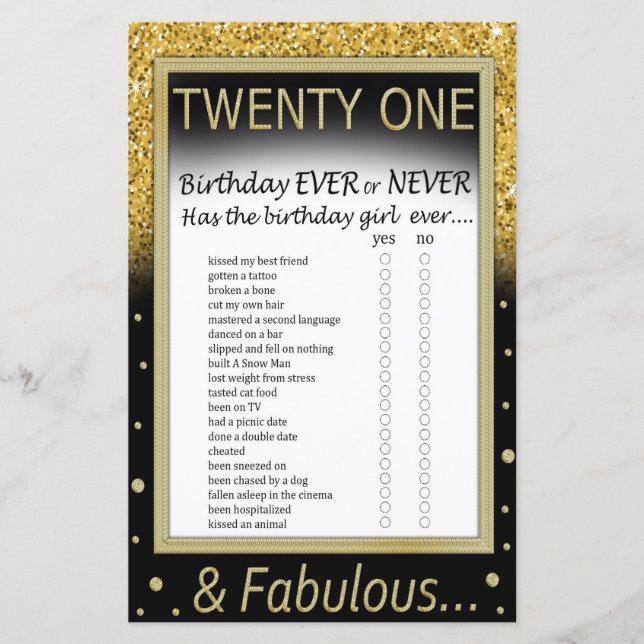 Twenty One Birthday Ever or Never Game (Front)