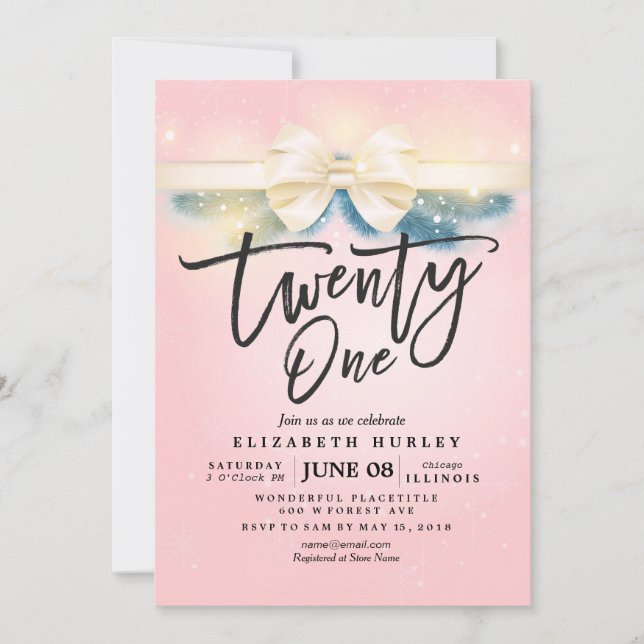 Twenty One Birthday Party Pink Gold Ribbon Flowers Invitation (Front)