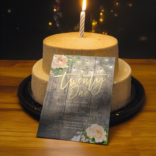 Twenty One Birthday Party Wood Flower String Light Invitation (Creator Uploaded)