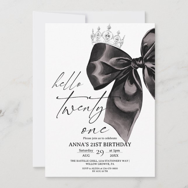 Twenty one Black Bow 21st Birthday Invitation (Front)