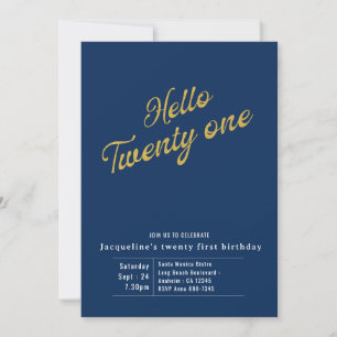 Twenty One Blue Gold Modern 21st Birthday Invitation