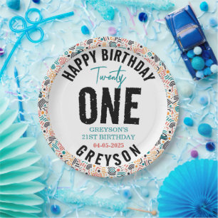Twenty one Colourful Geometric 21st Birthday Paper Plate