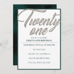 Twenty one   Dark Green, Grey 21st Birthday Party Invitation