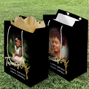 Twenty one gold custom photo 21st birthday medium gift bag