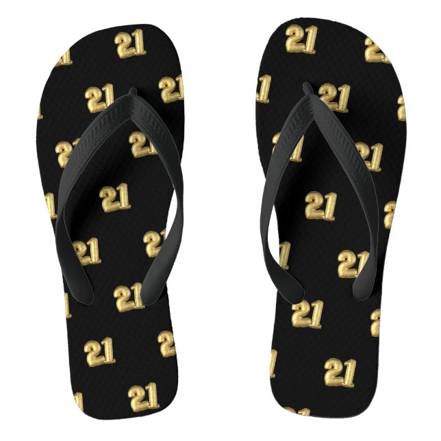 Twenty One Gold Mylar Birthday Balloons on Black Thongs (Footbed)