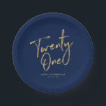 Twenty one | Gold & Navy 21st birthday Party Paper Plate<br><div class="desc">This custom paper plate will add stylish detail to the modern gold 21st birthday. This design features simple chic lettering "Twenty One" with custom text on a navy blue background. Matching invitations and party supplies are available in my shop BaraBomDesign.</div>