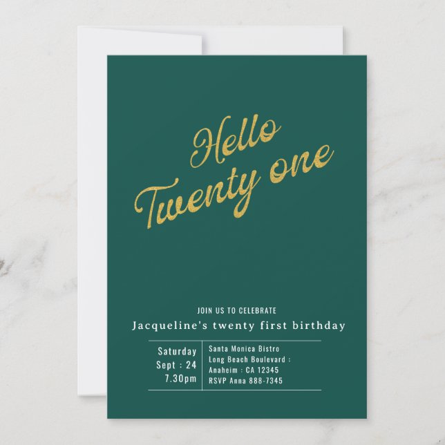 Twenty One Green Gold Modern 21st Birthday Invitation (Front)
