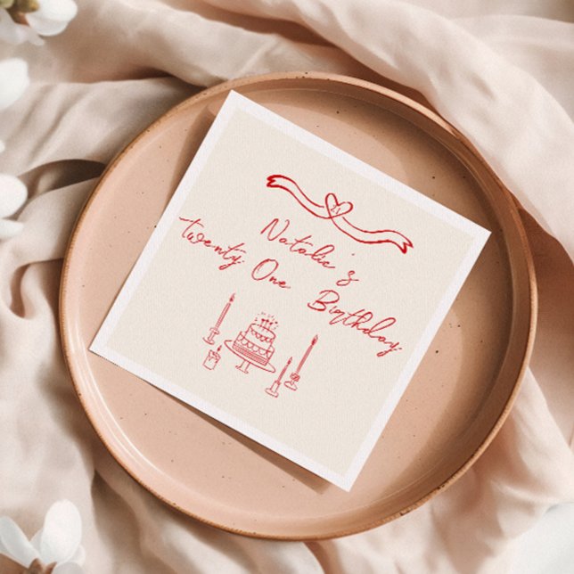 Twenty One Hand Written Drawn Cake Bow Birthday Napkin (Creator Uploaded)