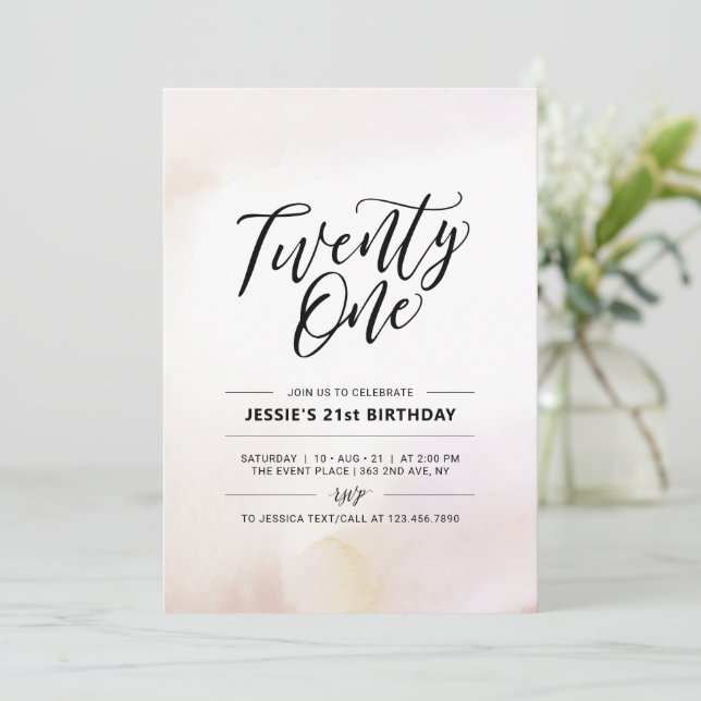 Twenty One Minimal Watercolor 21st Birthday Invitation (Standing Front)