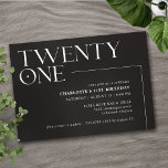 Twenty One | Modern Minimal Black 21st Birthday Invitation<br><div class="desc">Modern 21st birthday invitations with large heading "twenty one" text in an accent font. Off-centre design with white font on a contrasting black background.</div>