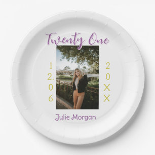 twenty one photo birthday pink purple girl boy nam paper plate