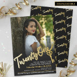 Twenty one photo black gold key 21st Birthday  Invitation<br><div class="desc">Twenty one script text in gold effect colour with 21 key to the door and one large photo birthday party invitation. Personalise this 21st birthday party invite with your own birthday details and photo. Other years and matching items are available and can be created by request. This is gold effect...</div>