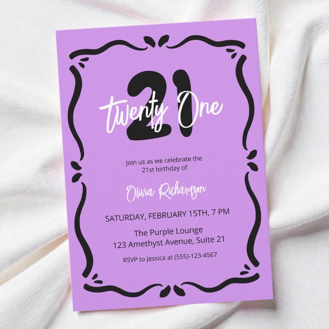 Twenty One Purple Black Elegant Chic 21st Birthday Invitation (Twenty One Purple Black Elegant Chic 21st Birthday Invitation)