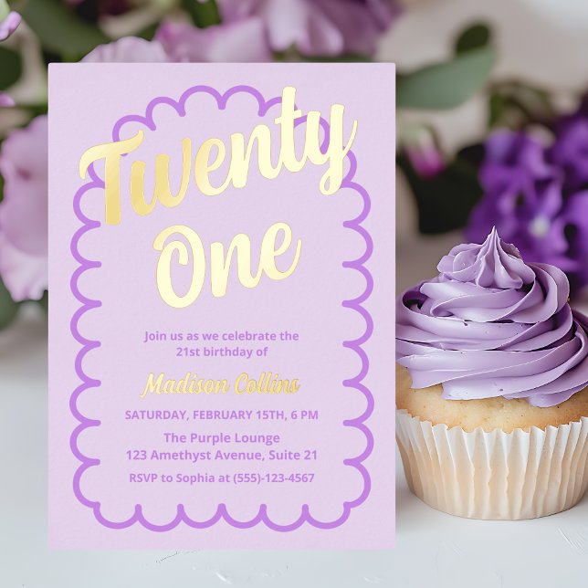 Twenty One Purple Typography Girly Birthday Party (Twenty One Purple Typography Girly Birthday Party Foil Invitation)
