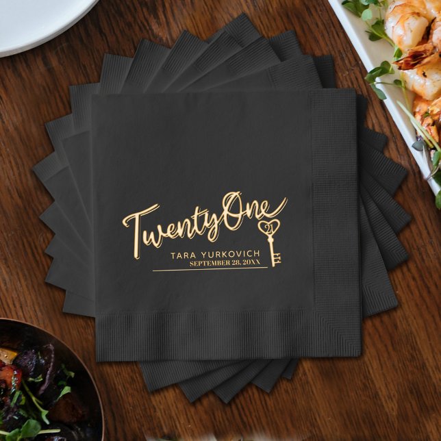 Twenty one script and key text custom name date foil napkins (Creator Uploaded)