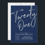 Twenty one | Silver & Navy 21st Birthday Party Invitation<br><div class="desc">Celebrate your special day with this simple stylish 21st birthday party invitation. This design features a chic silver brush script "Twenty-one" with a clean layout on a navy blue background. You can customise the text and background colour. More designs available at my shop BaraBomDesign.</div>
