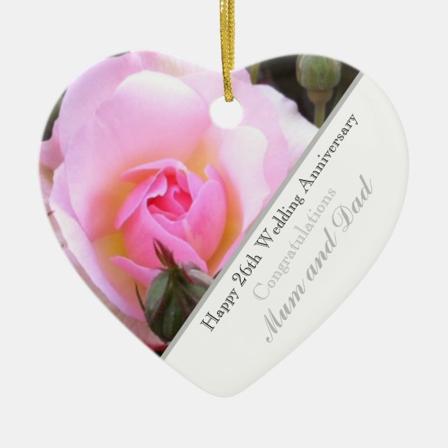 Twenty Sixth Wedding Anniversary Rose Heart Ceramic Ornament (Front)